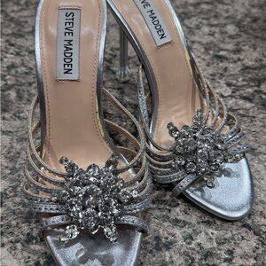 Steve Madden Pamola Silver Crystal-Embellished Strappy Heels